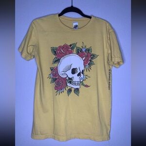 Ed Hardy Womens Top T-shirt Small Crewneck Shirt Yellow Skull Rose